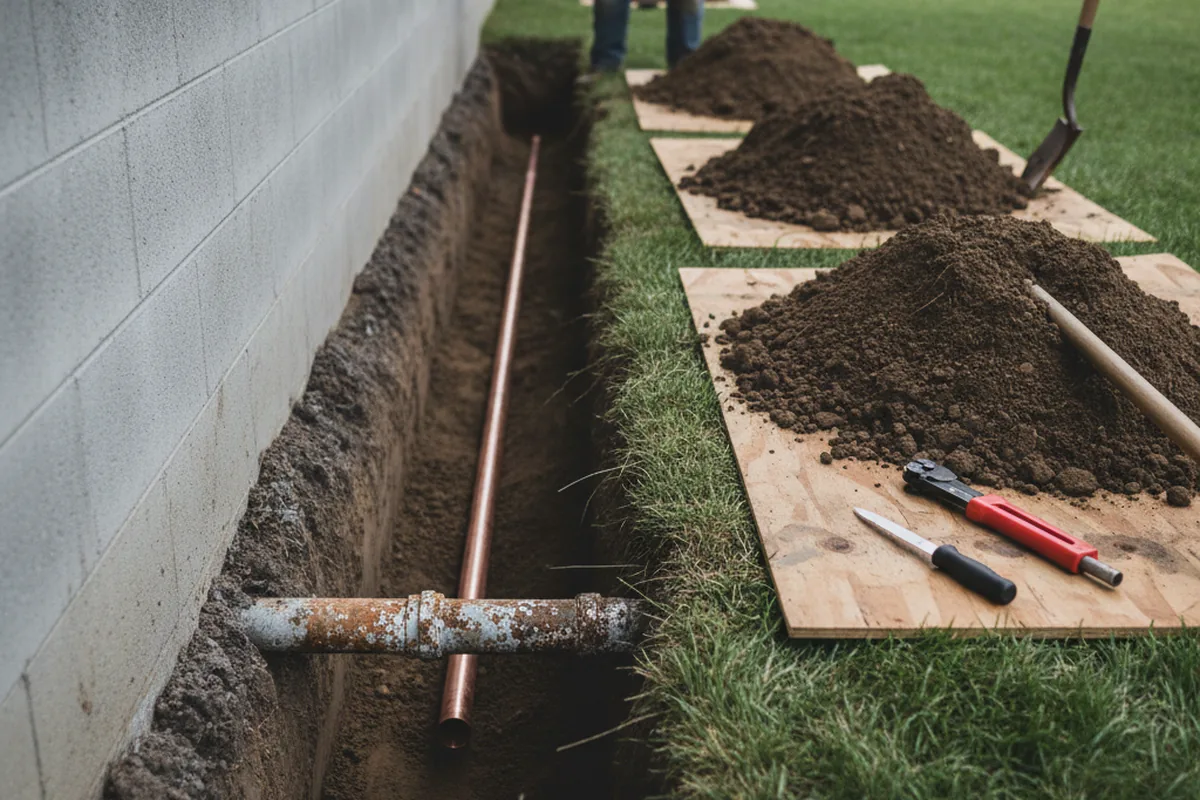 Excavated water line trench during Sewer Line Repair in Bayville
